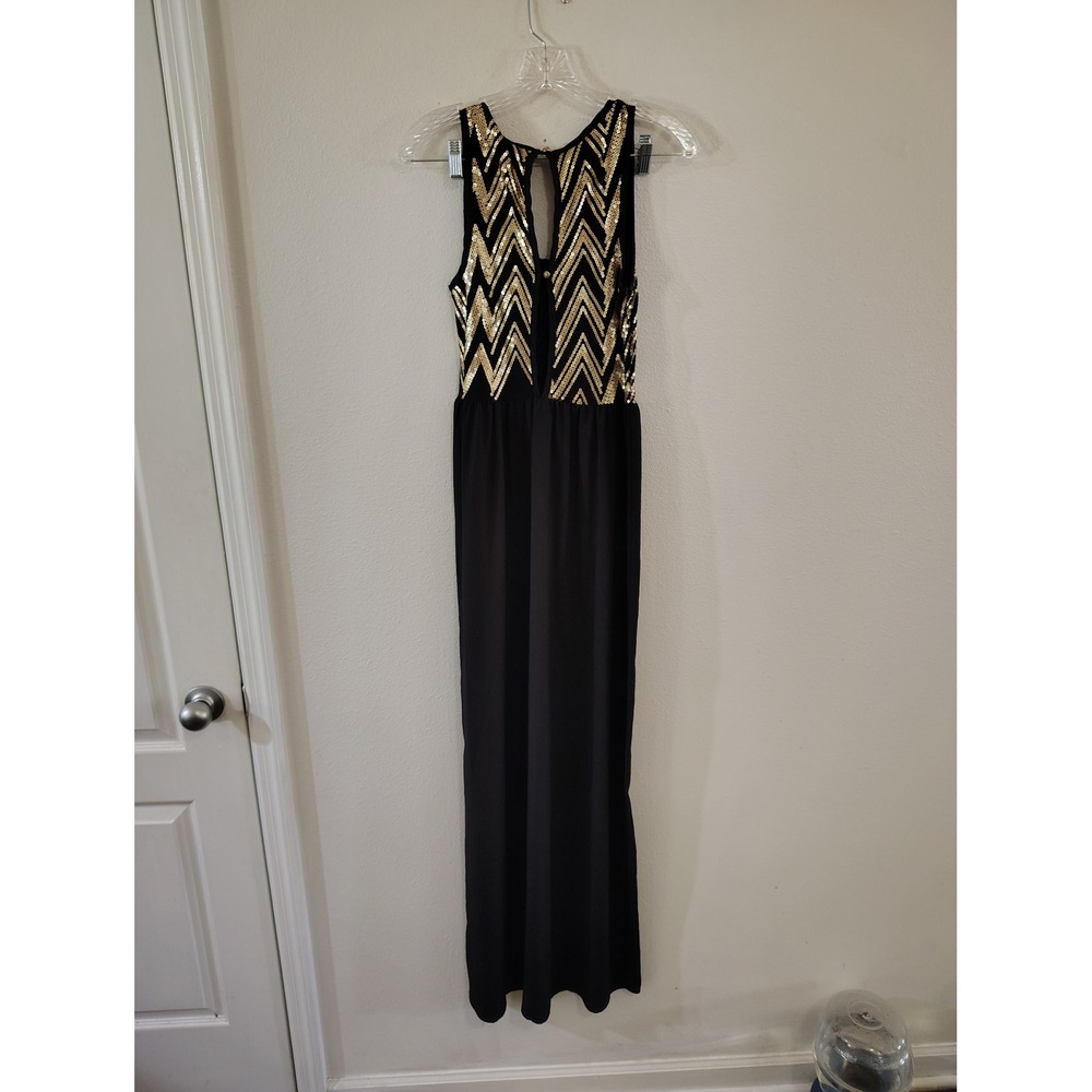 Tyche Black Gold Sequin Chevron Maxi Dress Keyhole Back Medium D-1539